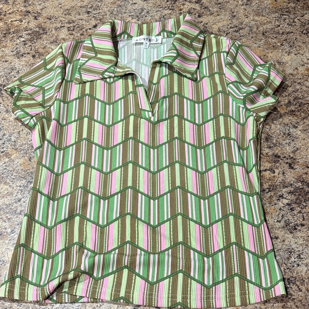 Green and Pink Striped Women's Top